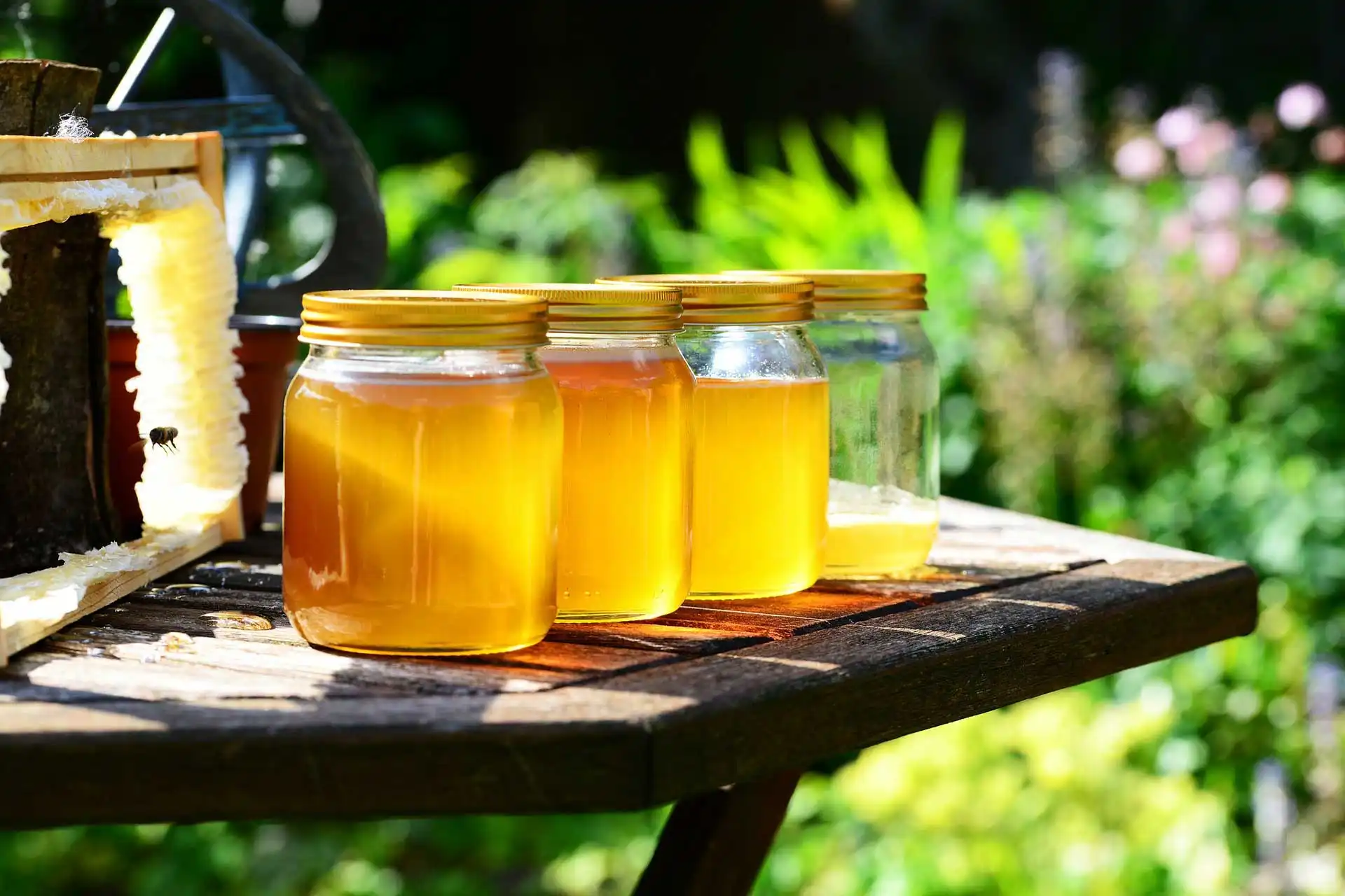 4 jars of honey on a table top outside